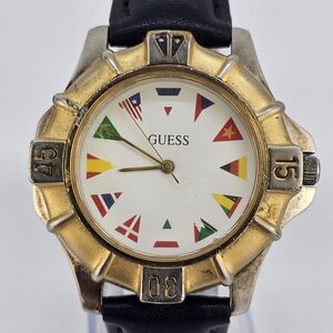 VTG Guess Unisex Watch 38MM Worlds Flags White Dial New Black Bands New Battery
